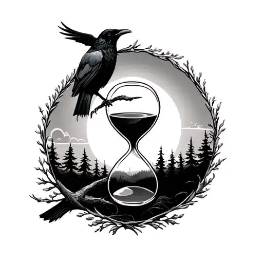 crow, hour glass, moon and trees in background representing the client's love tattoo design idea