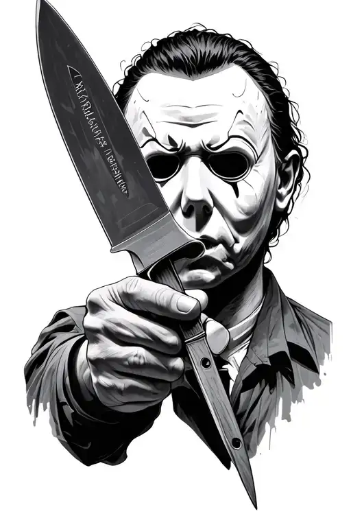 Michael Myers using his knife to reflect someone behind him and seeing his face in the knife. tattoo design idea