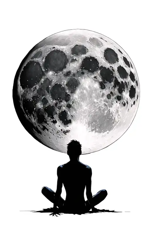 dark figure sitting in front of huge realistic detailed moon back facing super detailed tattoo design idea