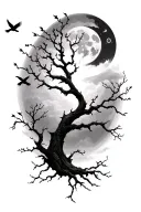 leafless tree with birds flying around , shades and a moon tattoo design idea