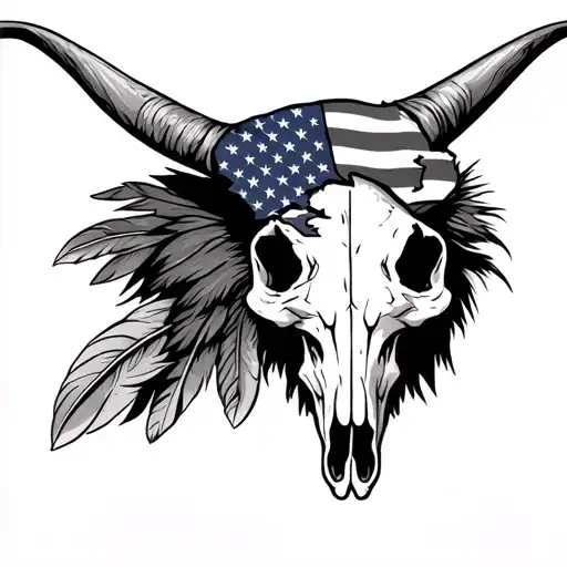 longhorn skull with tattered American flag on one horn and eagle feathers on the other tattoo design idea