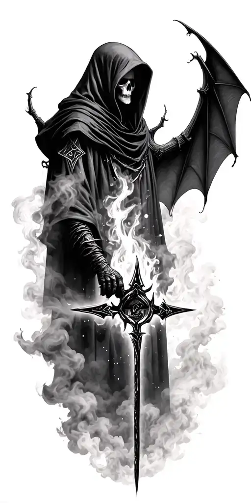 hooded reaper silohuette, smoke, fire, scary, bat wings, Viking runes, kenaz rune tattoo design idea
