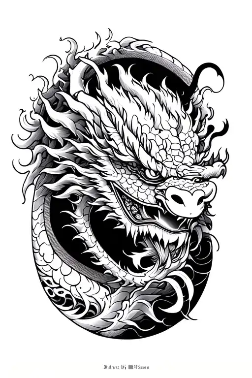 Japanese dragon with waves and oni mask arm sleeve tattoo design idea