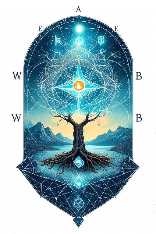 A geometric space landscape inspired by a tree of life and incorporating metatron cube with a compass tattoo design idea