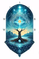 A geometric space landscape inspired by a tree of life and incorporating metatron cube with a compass tattoo design idea