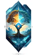 A geometric space landscape inspired by a tree of life and incorporating metatron cube with a compass tattoo design idea