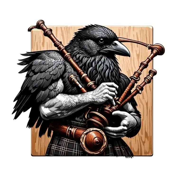 designs on wood carving crow muscular  bagpiper playing the bagpipes baldblack beard tattoo design idea