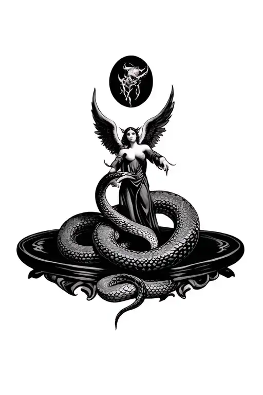angel and devils and a large snake throughout the whole tattoo tattoo design idea