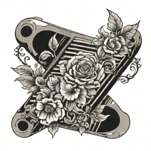 patchwork floral harmonica tattoo design idea