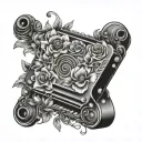 patchwork floral harmonica tattoo design idea