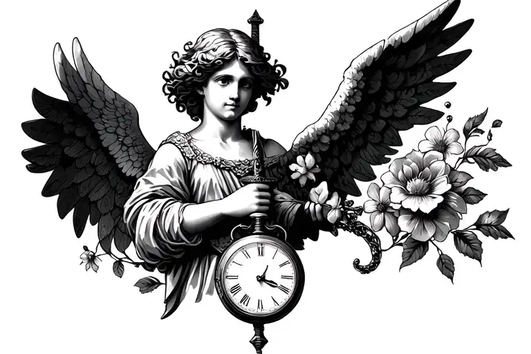 angel holding a sword with pocket watch and flowers tattoo design idea