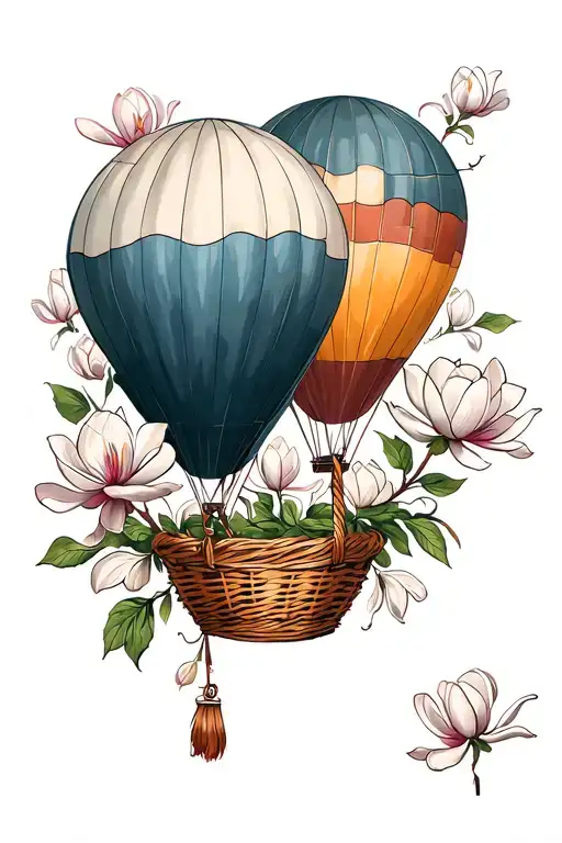 3 hot air balloons. realistic. with magnolia flowers in basket.  tattoo design idea