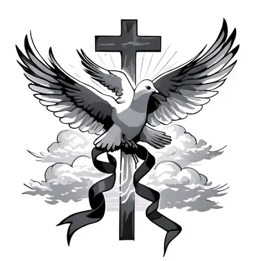 3 doves flying over a cross each with a ribbon and the ribbons coming together at the clouds with light shining through  tattoo design idea