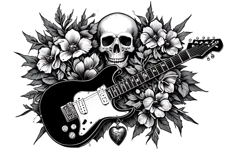 electric guitar with lightning.  a cross, Benedict's medal, skull with flowers growing, sacred heart, interwoven tattoo design idea