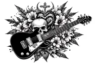 electric guitar with lightning.  a cross, Benedict's medal, skull with flowers growing, sacred heart, interwoven tattoo design idea
