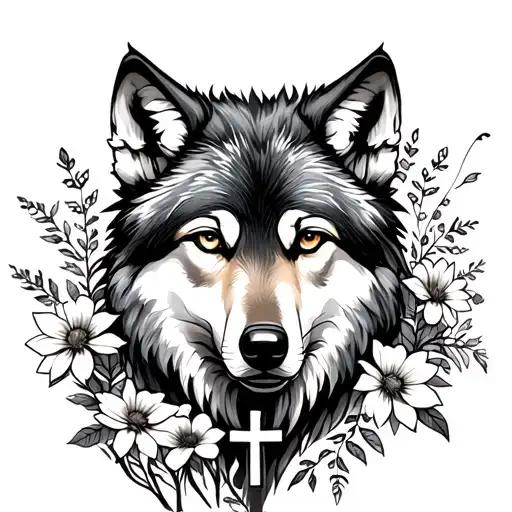 Feminine Wolf with wildflowers and cross tattoo design idea
