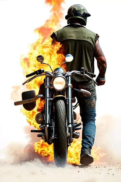 Rear view of an outlaw biker walking into roaring flames, wearing a dark green vest and desert camo full-face helmet. tattoo design idea
