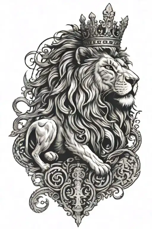 lion with crown of thrones leading towards 3 crosses tattoo design idea