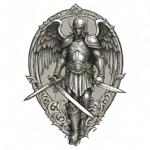 saint micheal with armor holding a sword tattoo design idea