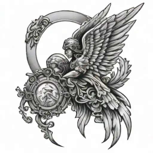 333 with halo above in and angel wings on side profile traditional tattoo design idea