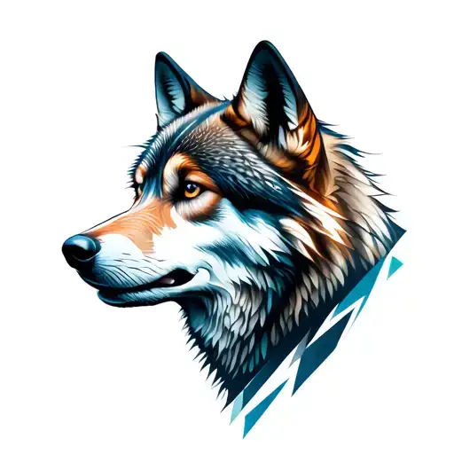 Double exposure tattoo design. From a distance, it appears to be the face of a wolf, detailed and realistic, with pierci tattoo design idea