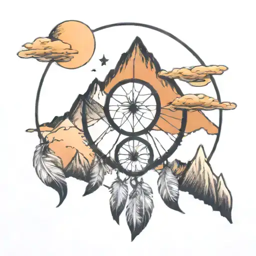 dreamcatcher with mountain range and moon inside tattoo design idea