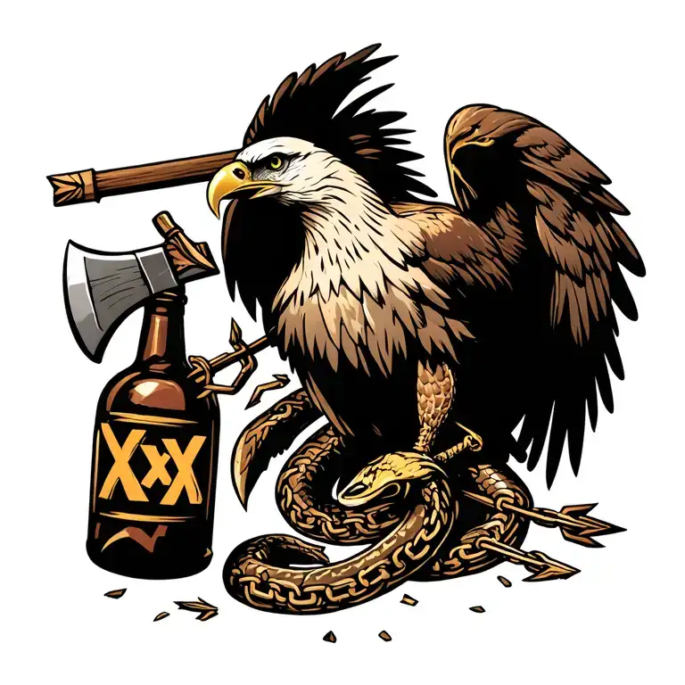eagle, snake, axe, hammer, "XXX" bottle, broken chains, arrows tattoo design idea