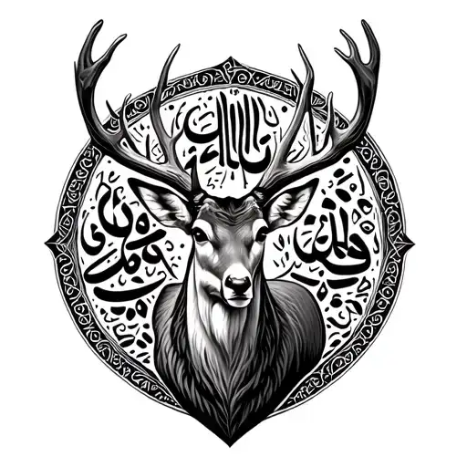 full body elegant deer. The antlers are artistically shaped to form the Arabic calligraphy of the word 'ريما'. tattoo design idea