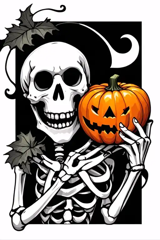 silly Skeleton holding pumpkin tattoo design idea