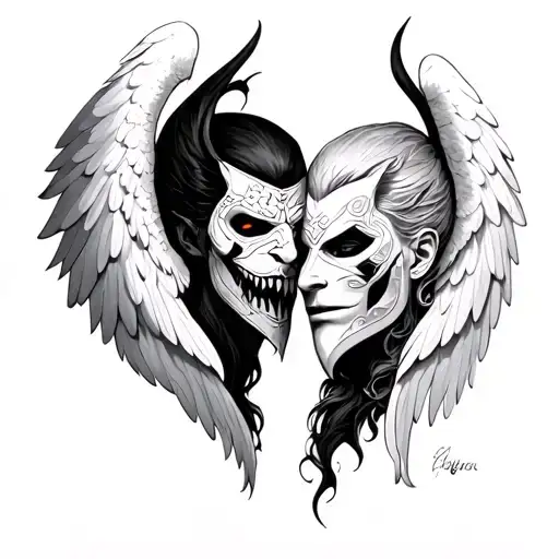 angel vs demon with two face mask  tattoo design idea