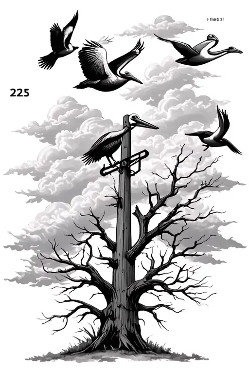 Baton Rouge,225 area code,dead trees,light pole with North 31,pelicans flying in through clouds tattoo design idea