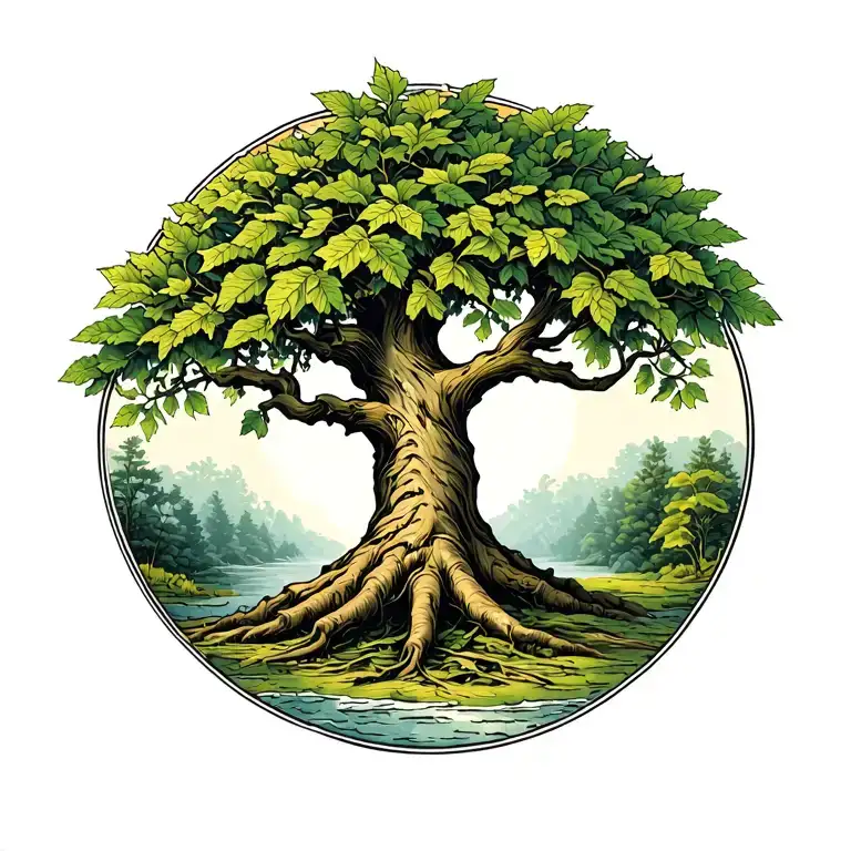 big tree with green leaves tattoo design idea