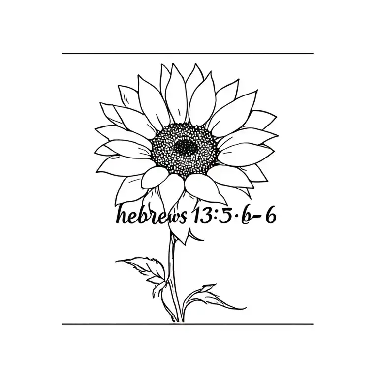 A simple black and white sketch of a sunflower, but the stem, in neat subtle cursive says: hebrews 13:5b-6 tattoo design idea