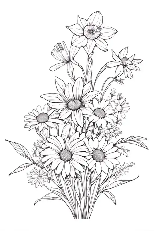 A bouquet of flowers with one of each flower except for 2 daffodils a daisy a Larkspur a gladiolus and a Chrysanthemum tattoo design idea