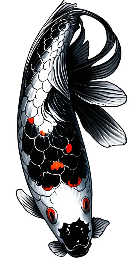 black and white japanese koi fish with little red/orange spots details swimming without water tattoo design idea