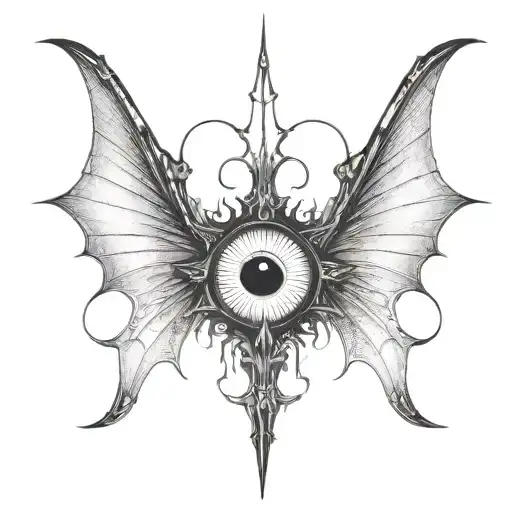 seraphim, 6 large bat wings, large demon eye in the centre, gothic tattoo design idea