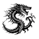 yggdrasil tree and black huge dragon flying fire breathing dragon tattoo design idea