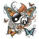 yin yang with bandana patterns and butterfly pieces tattoo design idea