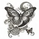 yin yang with bandana patterns and butterfly pieces tattoo design idea