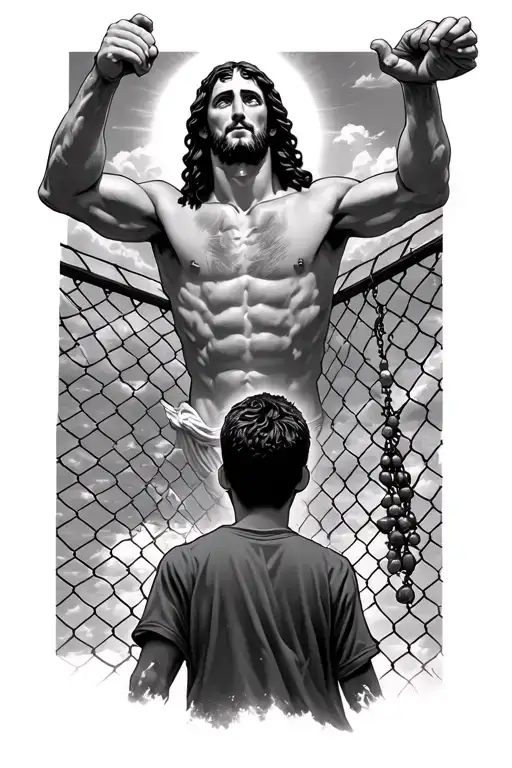 A boy entering a mma cage, I want this Jesus to be in the sky with a rosary looking at me tattoo design idea