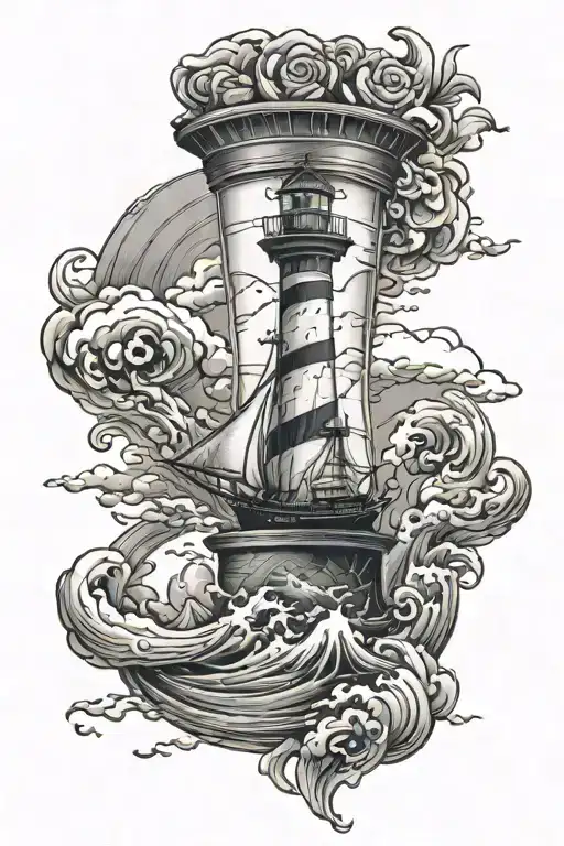 hour glass with ship in storm heading towards a lighthouse  tattoo design idea