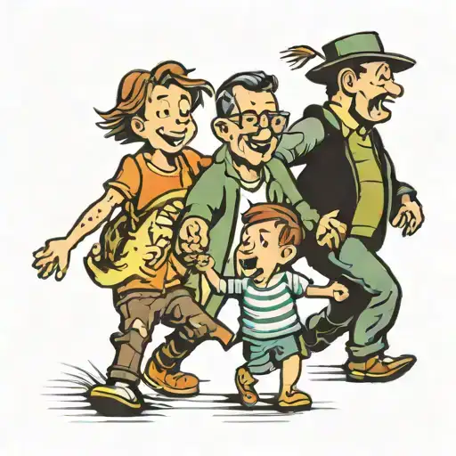 A tattoo of a father walking hand in hand with his two sons, with each child dancing beside him tattoo design idea