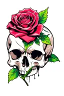 Single stem rose piercing through a skull tattoo design idea