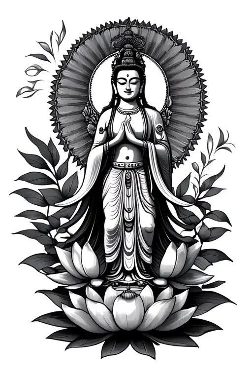 Guanyin bodhisattva standing on a lotus flower in the style of a Mexican saint tattoo design idea