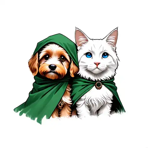 cute goldendoodle with hazel eyes back to back with a white siberian cat with blue eyes, both wearing green cloak on hea tattoo design idea
