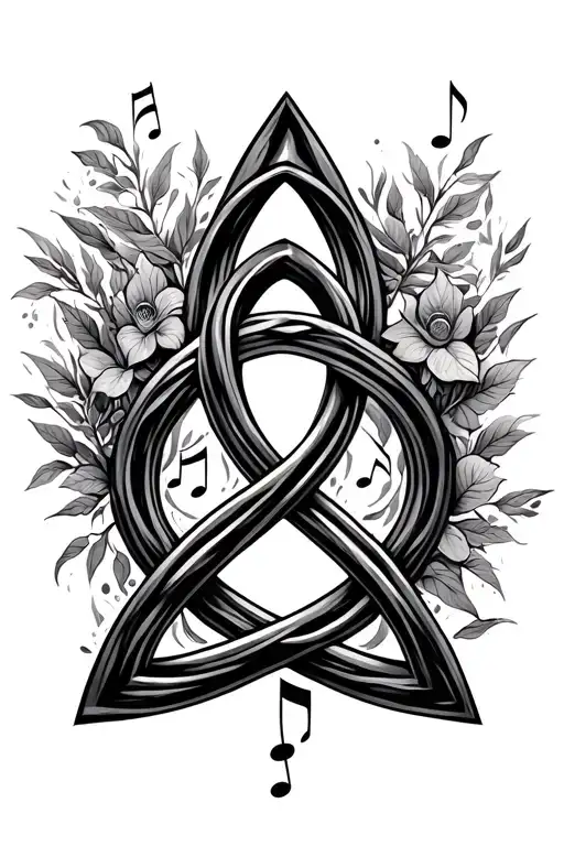 Trinity knot design incorporating elements of nature and music tattoo design idea