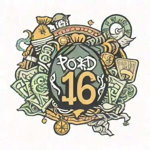 £ sign surrounded with money bags and writing saying road to riches tattoo design idea