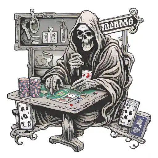 grim reaper looking over moments in my life. street sign, poker, money, cars, women, grandpa teaching tattoo design idea