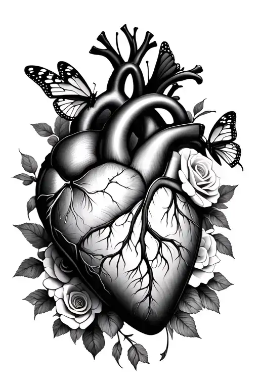 a heart that has kabuki syndrome and the anatomy heart with butterflies and roses tattoo design idea