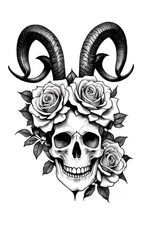 aries+roses+skull tattoo design idea